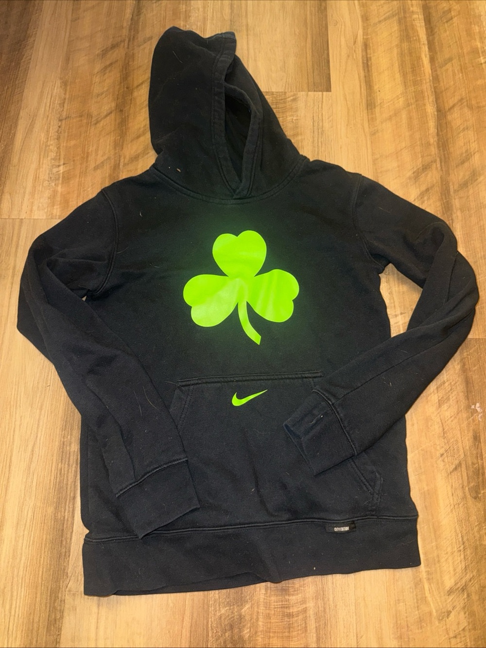 Nike youth Boston Celtics Black Hoodie Sweatshirt with Neon Green Shamrock